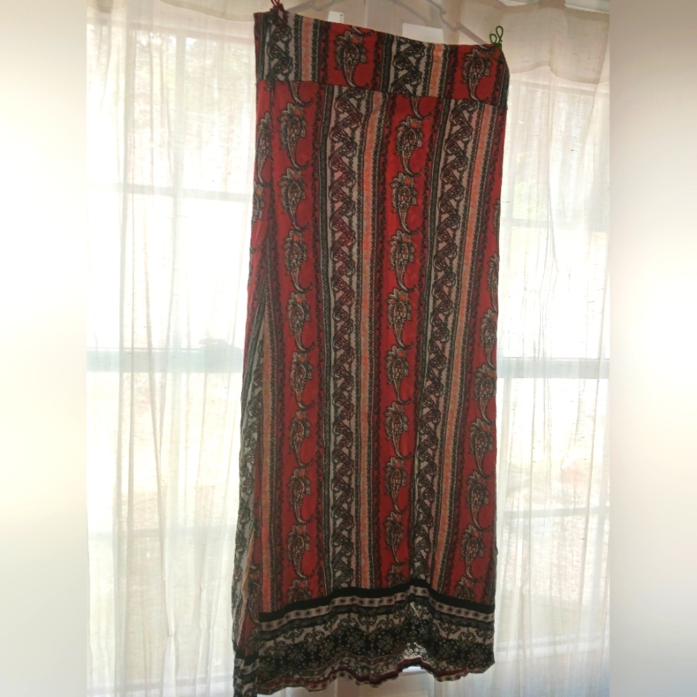 Coral and Black Patterned Maxi Skirt